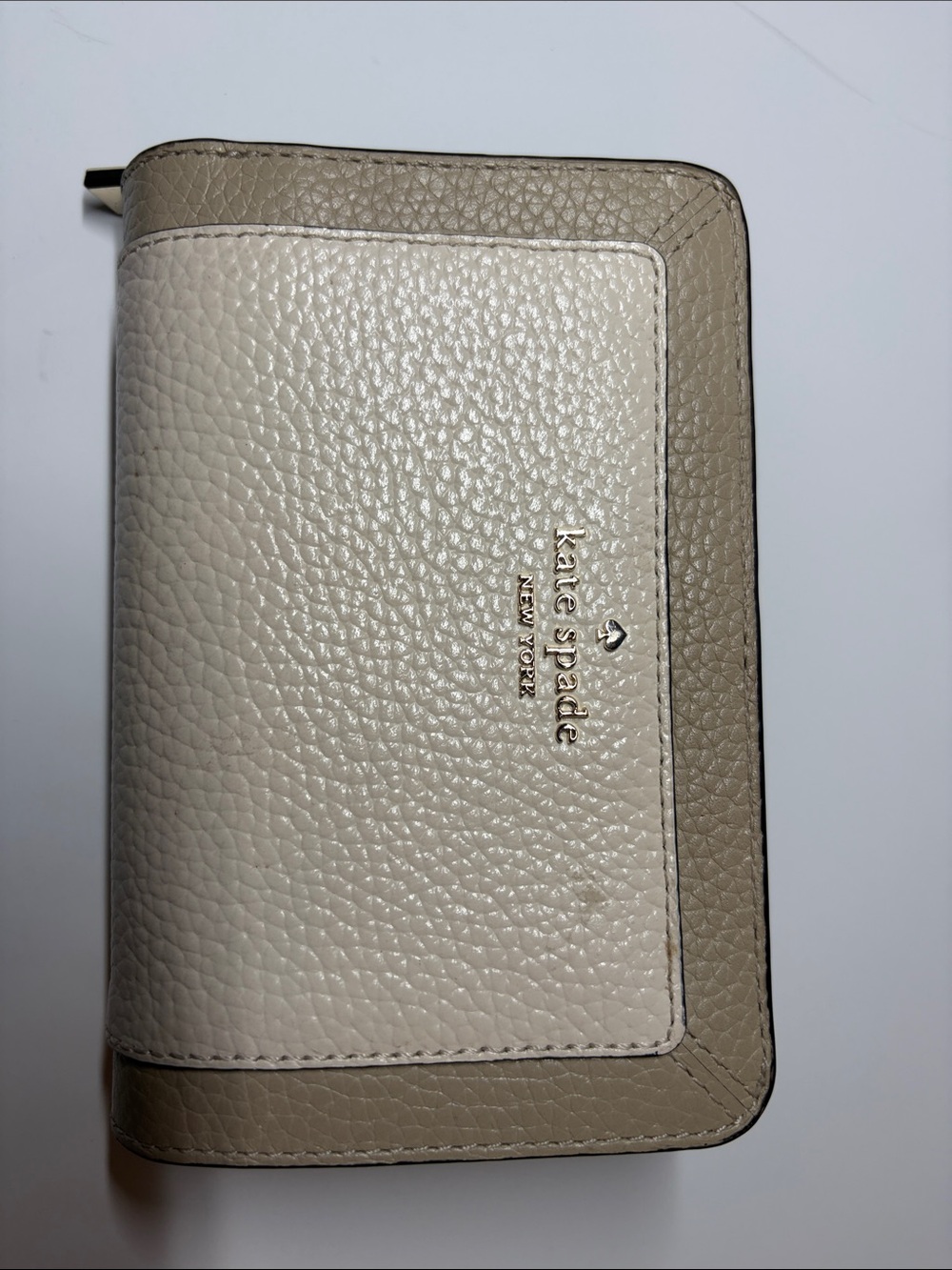 kate spade Cream and Taupe Pebbled Leather Zip Wallet